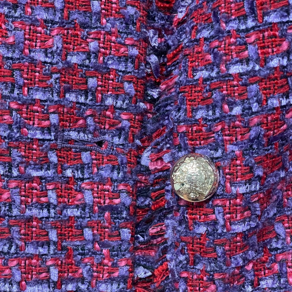 Talbots Petite Red Purple Tweed Jacket Gold Crest Button Frayed Trim Blazer 12P - Picture 4 of 7
